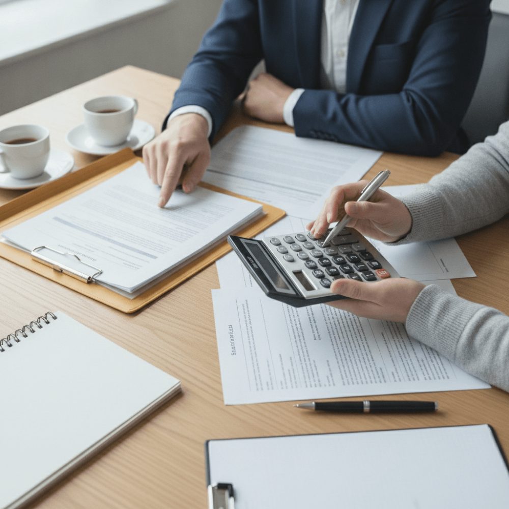 Consultation de planification budgétaire pour reconversion professionnelle avec documents et calculatrice